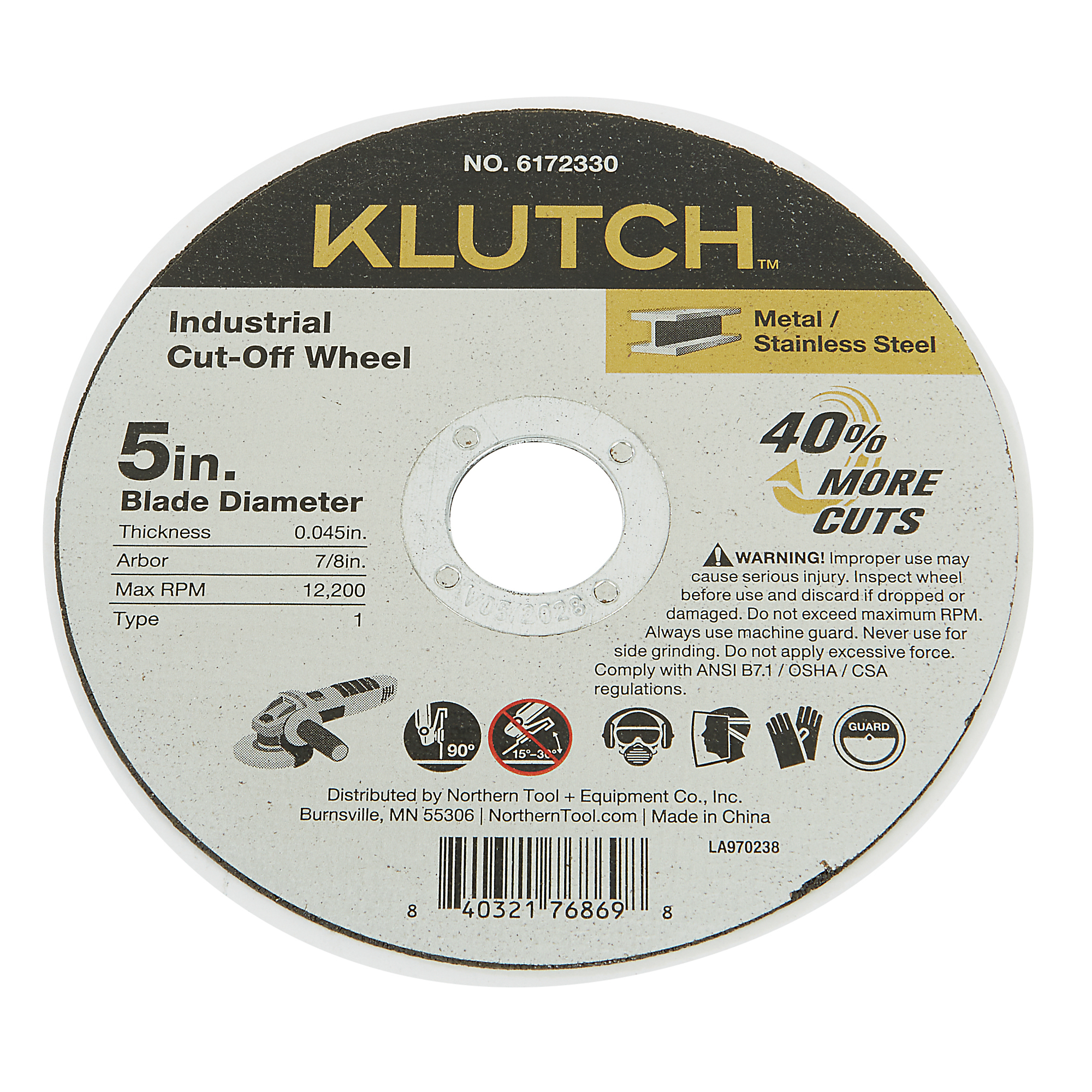 Klutch Industrial Metal Cutoff Wheel, 5in. x .045 x 7/8in., Type 1